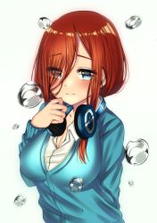 Rule 34 | 1girl, bad id, bad twitter id, blue cardigan, blue eyes, blush, breasts, brown hair, cardigan, closed mouth, collared shirt, commentary request, eyes visible through hair, go-toubun no hanayome, hair between eyes, headphones, headphones around neck, highres, large breasts, long sleeves, medium hair, nakano miku, shi2280, shirt, solo, water, water drop, white shirt
