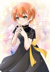Rule 34 | 1girl, black dress, bow, closed mouth, commentary request, dress, highres, hoshizora rin, jewelry, lace sleeves, looking at viewer, love live!, love live! school idol project, necklace, orange hair, own hands together, prr 1101, short hair, short sleeves, sidelocks, smile, solo, upper body, yellow bow, yellow eyes