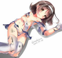 Rule 34 | 10s, 1girl, bad id, bad pixiv id, blush, brown eyes, brown hair, damaged, dated, dirty, gloves, hair ornament, hairband, kantai collection, long hair, lying, natuna natu, open mouth, panties, school uniform, serafuku, shirt, short hair, skirt, smile, solo, tanikaze (kancolle), thighhighs, torn clothes, torn gloves, torn panties, torn shirt, torn skirt, torn thighhighs, twitter username, underwear, white background