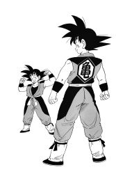 Rule 34 | 1boy, adapted costume, ankle strap, armpit crease, arms at sides, arms up, bad id, bad twitter id, bare arms, black eyes, black footwear, black hair, clenched hands, clenched teeth, closed mouth, clothes writing, collarbone, dougi, dragon ball, from behind, full body, greyscale, grin, happy, highres, legs apart, looking at viewer, looking back, looking to the side, male focus, monochrome, multiple views, official art, pants, pants tucked in, profile, shoes, simple background, smile, son goku, spiked hair, standing, teeth, toriyama akira, white background, wristband