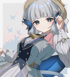 Rule 34 | 1girl, ayaka (genshin impact), blush, breasts, closed mouth, commentary request, dot nose, dress, flower, genshin impact, grey dress, grey eyes, grey hair, hair flower, hair ornament, hand up, hat, highres, large breasts, long sleeves, looking at viewer, mochimiya (coyo), puffy long sleeves, puffy sleeves, smile, solo, white flower