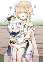 Rule 34 | 2girls, age difference, bench, blonde hair, blush, child, closed eyes, flower, genshin impact, hair between eyes, hair flower, hair ornament, hand on another&#039;s head, headpat, highres, k0ng, lumine (genshin impact), multiple girls, on lap, onee-loli, paimon (genshin impact), sitting, sitting on lap, sitting on person, thighhighs, white hair, yellow eyes, yuri
