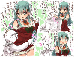 Rule 34 | 10s, 1boy, 1girl, admiral (kancolle), ascot, bare shoulders, blush, bow, breasts, christmas tree hair ornament, cleavage, comic, commentary request, detached collar, detached sleeves, dress, faceless, faceless male, green eyes, green hair, hair ornament, hairclip, hand on another&#039;s head, hetero, highres, hug, hug from behind, kantai collection, long hair, medium breasts, military, military uniform, open mouth, red dress, santa costume, smile, suzuki toto, suzuya (kancolle), translation request, twitter username, uniform, upper body