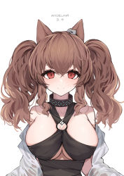 Rule 34 | 1girl, alternate costume, angelina (arknights), animal ears, arknights, bare shoulders, black dress, breasts, brown hair, character name, cleavage, closed mouth, clothing cutout, collar, dated, dress, fox ears, halter dress, halterneck, happy birthday, highres, infection monitor (arknights), large breasts, long hair, looking at viewer, o-ring, off shoulder, purerin, red eyes, sidelocks, simple background, smile, solo, twintails, underboob cutout, upper body, white background