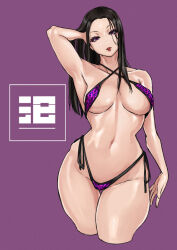 Rule 34 | 0odrosselo0, 1girl, bikini, highleg, looking at viewer, purple background, purple bikini, simple background, swimsuit