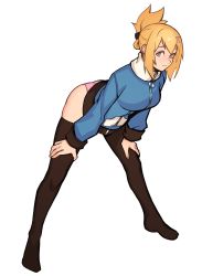 Rule 34 | 1girl, absurdres, bent over, blonde hair, blue jacket, brown thighhighs, closed mouth, commission, distr, folded ponytail, full body, hair ornament, hairclip, hands on legs, highres, jacket, long sleeves, looking at viewer, original, panties, pink eyes, pink panties, simple background, smile, solo, thighhighs, underwear, white background, x hair ornament