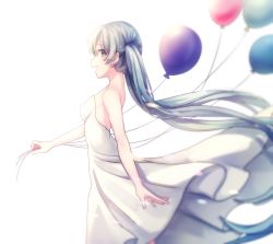 Rule 34 | 1girl, :d, absurdres, backless dress, backless outfit, balloon, bare arms, blue eyes, dress, floating hair, from side, hatsune miku, highres, ille (xcpa7325), long hair, open mouth, profile, silver hair, simple background, smile, solo, standing, strapless, strapless dress, twintails, very long hair, vocaloid, white background, white dress