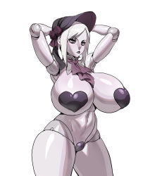 Rule 34 | 1girl, alternate breast size, arms behind head, arms up, ascot, bad id, bad twitter id, bags under eyes, bloodborne, bonnet, breasts, cowboy shot, curvy, doll joints, flower, grey eyes, grey hair, hat, hat flower, heart pasties, highres, huge breasts, joints, maebari, maniacpaint, navel, nude, pasties, plain doll, sagging breasts, solo, thick thighs, thighs
