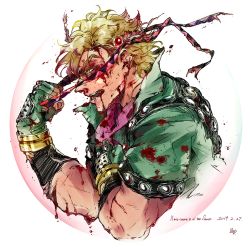 Rule 34 | 1boy, battle tendency, bleeding, blonde hair, blood, blood from mouth, blood on face, blood on clothes, blood in hair, caesar anthonio zeppeli, clenched hands, commentary request, cropped torso, cuts, dated, feather hair ornament, feathers, fingerless gloves, from side, gloves, green eyes, green gloves, green jacket, feather hair ornament, hair ornament, hand on own chest, hand up, unworn headband, high collar, highres, holding, holding headband, injury, italian text, jacket, jojo no kimyou na bouken, looking ahead, looking away, male focus, open mouth, pink scarf, profile, scarf, scratches, serious, short hair, short sleeves, signature, solo, torn clothes, translation request, upper body, zino