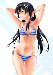 Rule 34 | 1girl, absurdres, armpits, arms behind head, arms up, bikini, black hair, blue bikini, blush, breasts, closed eyes, closed mouth, collarbone, commentary, commentary request, facing viewer, flower, front-tie top, hair flower, hair ornament, halterneck, highres, isshi pyuma, long hair, medium breasts, navel, saten ruiko, side-tie bikini bottom, solo, standing, stomach, string bikini, striped bikini, striped clothes, swimsuit, toaru kagaku no railgun, toaru majutsu no index, twitter username, two-tone background, white background