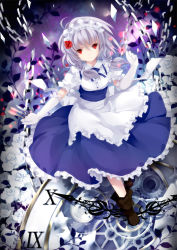 Rule 34 | 1girl, apron, bad id, bad pixiv id, between fingers, blue dress, braid, chain, clock, dress, elbow gloves, embodiment of scarlet devil, female focus, flower, gloves, hair flower, hair ornament, hair ribbon, holding, izayoi sakuya, knife, maid, maid apron, maid headdress, red eyes, red flower, red rose, ribbon, roman numeral, rose, sad, shirt, silver hair, solo, throwing knife, touhou, twin braids, wataame27, weapon, white gloves