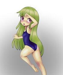 Rule 34 | 1girl, arm up, armpits, ass, bare legs, barefoot, blush, breasts, feet, female focus, foot out of frame, from behind, green hair, grey background, highres, long hair, looking at viewer, looking back, open mouth, original, pink eyes, qtkat, simple background, small breasts, soles, solo, standing, standing on one leg, teeth, thighs, toes, upper teeth only