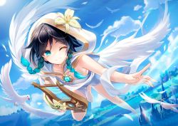 Rule 34 | 1boy, aqua hair, bare arms, bare legs, bird, black hair, blue sky, braid, city, cloud, commentary request, dove, feathered wings, flower, flying, genshin impact, gold trim, gradient hair, green eyes, hat, hat flower, highres, holding, holding instrument, hood, hood up, instrument, lalazyt, looking at viewer, lyre, male focus, mountainous horizon, multicolored hair, official alternate costume, one eye closed, robe, short hair, sky, smile, solo, sun, twin braids, venti (archon) (genshin impact), venti (genshin impact), white flower, white hood, white wings, wings