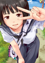 Rule 34 | 1girl, adidas, bag, bag charm, bent over, black hair, black neckerchief, blue sailor collar, blue skirt, bob cut, bra strap, brown eyes, charm (object), commentary, day, grass, hand on own knee, highres, leaning forward, long skirt, looking at viewer, mirror, neckerchief, open mouth, outdoors, parted lips, path, pink bag, pleated skirt, road, roku-jou, sailor collar, school bag, school uniform, serafuku, shirt, short hair, skirt, solo, two-tone bag, utility pole, v, white bag, white shirt