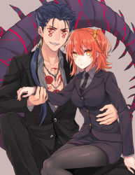 Rule 34 | 1boy, 1girl, alternate costume, arm around waist, black hair, black jacket, black necktie, black pants, black pantyhose, black skirt, blouse, blush, bodypaint, breasts, brown background, business suit, buttons, chest tattoo, collared shirt, cu chulainn (fate), cu chulainn (fate) (all), cu chulainn (fate/stay night), cu chulainn alter (fate), cu chulainn alter (fate/grand order), dragon tail, earrings, facepaint, fate/grand order, fate (series), formal, fujimaru ritsuka (female), fujimaru ritsuka (female) (royal brand), grey shirt, hair between eyes, hair ornament, hair scrunchie, hand grab, invisible chair, jacket, jewelry, lancer, long hair, long sleeves, looking at viewer, low ponytail, medium breasts, necklace, necktie, office lady, one side up, open mouth, orange hair, pants, pantyhose, pencil skirt, pendant, red eyes, scrunchie, sharp teeth, shidomura, shirt, simple background, sitting, skirt, skirt suit, suit, tail, tattoo, teeth, thick eyebrows, wing collar, yellow eyes