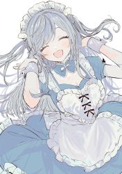 Rule 34 | 1girl, :d, ^ ^, apron, black ribbon, blue dress, blush, closed eyes, dress, closed eyes, facing viewer, frilled apron, frills, grey hair, highres, long hair, maid, maid apron, maid headdress, mechiru, open mouth, original, puffy short sleeves, puffy sleeves, ribbon, short sleeves, simple background, smile, solo, two side up, very long hair, white apron, white background, wing hair ornament, wrist cuffs