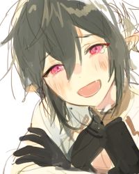 1boy androgynous black_hair blush crying fangs kuzuvine looking_at_viewer lord_of_heroes nine_(lord_of_heroes) pale_skin pink_eyes pointy_ears tearing_up tears trap