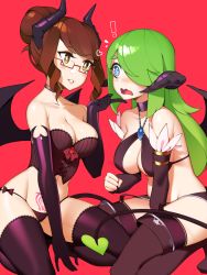 Rule 34 | !, 2girls, bikini, blue eyes, blush, breasts, brown hair, brown legwear, cleavage, commentary, commission, corset, demon girl, demon tail, demon wings, elbow gloves, english commentary, eye contact, gloves, green hair, hair bun, halphelt, heart, highres, horns, kneeling, large breasts, long hair, looking at another, multiple girls, open mouth, original, pubic tattoo, purple gloves, red background, simple background, single hair bun, smile, swimsuit, tail, tattoo, thighhighs, wide-eyed, wings, yuri