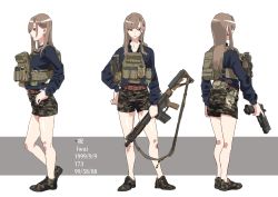 Rule 34 | 1girl, absurdres, black shirt, brown eyes, brown hair, camouflage, camouflage shorts, collarbone, earrings, grey background, gun, hair ornament, hairclip, hand in pocket, highres, holding, holding gun, holding weapon, jewelry, long hair, long sleeves, mole, mole under mouth, multiple views, original, profile, puffy long sleeves, puffy sleeves, shirt, short shorts, shorts, standing, two-tone background, utsuda, weapon, weapon request, white background