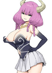 Rule 34 | 1girl, aura (sousou no frieren), black gloves, breasts, cleavage, clothing cutout, commentary, cowboy shot, demon girl, demon horns, elbow gloves, gloves, highres, horns, looking at viewer, medium hair, navel, navel cutout, nipples, parted lips, purple hair, simple background, sky-freedom, smile, solo, sousou no frieren, white background