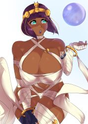 Rule 34 | 1girl, absurdres, bob cut, bracelet, breasts, collarbone, cowboy shot, gloves, green eyes, hexprinxess, highres, jewelry, large breasts, lipstick, makeup, menat, purple hair, purple lips, short hair, solo, street fighter, street fighter v, thick thighs, thigh gap, thighs, white background, wide hips