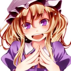 Rule 34 | 1girl, :d, bad id, bad pixiv id, blonde hair, blush, fingers together, hat, highres, long hair, looking at viewer, maribel hearn, mob cap, open mouth, puffy sleeves, purple eyes, smile, solo, steepled fingers, touhou, tsukishiro saika, upper body, white background