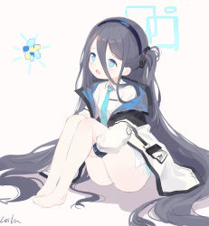 Rule 34 | 1girl, :d, aris (blue archive), bare legs, barefoot, black hair, black hairband, blue archive, blue eyes, blue necktie, blue panties, blush, child, collared shirt, commentary request, full body, hairband, halo, highres, hugging own legs, jacket, knees up, leilin, long hair, long sleeves, looking away, necktie, off shoulder, one side up, open clothes, open jacket, open mouth, panties, puffy long sleeves, puffy sleeves, ringed eyes, shadow, shirt, smile, solo, underwear, very long hair, white background, white jacket, white shirt