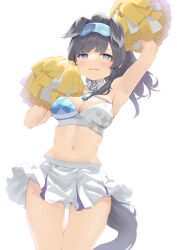 Rule 34 | 1girl, absurdres, ajoe (hakuha k), animal ears, arm up, armpits, bare arms, bare shoulders, black hair, blue archive, blue eyes, blush, breasts, cheerleader, cleavage, cowboy shot, crop top, dog ears, dog girl, dog tail, eyewear on head, goggles, goggles on head, halo, hibiki (blue archive), hibiki (cheer squad) (blue archive), highres, holding, holding pom poms, long hair, looking at viewer, medium breasts, millennium cheerleader outfit (blue archive), navel, official alternate costume, pom pom (cheerleading), pom poms, skirt, solo, standing, stomach, tail, white background, white skirt, yellow halo