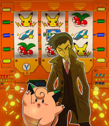 Rule 34 | 1boy, black eyes, blush stickers, brown coat, claws, clefairy, coat, coin, collared shirt, commentary request, creatures (company), fang, game freak, gen 1 pokemon, hand in pocket, looker (pokemon), male focus, mikami, necktie, nintendo, open clothes, open coat, open mouth, outline, pants, pikachu, pink neckwear, pokemon, pokemon (creature), pokemon dppt, popped collar, shirt, short hair, star (symbol), tongue, vest, white shirt
