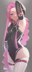 Rule 34 | 1girl, aged down, arm behind head, arm strap, arm up, armpits, bare shoulders, black gloves, black leotard, blush, breasts, closed mouth, collar, covered navel, elbow gloves, fate/grand order, fate (series), female focus, forehead, gloves, leotard, long braid, long hair, looking at viewer, matching hair/eyes, medusa (fate), medusa (lancer) (fate), medusa (rider) (fate), parted bangs, presenting armpit, purple eyes, purple hair, red collar, rider, sidelocks, simple background, small breasts, solo, thigh strap, thighhighs, thighs, tostos, very long hair, white thighhighs
