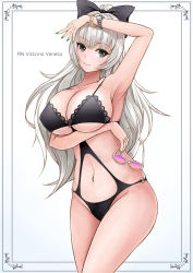 Rule 34 | 1girl, arm under breasts, armpits, azur lane, bikini, black bikini, black bow, bow, breast hold, breasts, character name, cleavage, clothing cutout, unworn eyewear, grey eyes, grey hair, hair bow, highres, holding, holding removed eyewear, large breasts, long hair, looking at viewer, o-ring, o-ring swimsuit, official alternate costume, pink-tinted eyewear, sai-go, simple background, solo, stomach cutout, swimsuit, tinted eyewear, vittorio veneto (azur lane), vittorio veneto (the flower of la spezia) (azur lane), white-framed eyewear, white background