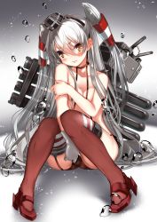 Rule 34 | 10s, 1girl, amatsukaze (kancolle), black panties, blush, brown eyes, bubble, covering breasts, covering privates, garter straps, highres, kantai collection, karlwolf, long hair, looking at viewer, panties, personification, red thighhighs, rensouhou-kun, silver hair, solo, striped clothes, striped thighhighs, tears, thighhighs, topless, twintails, two side up, underwear, underwear only, very long hair, water drop, wide hips