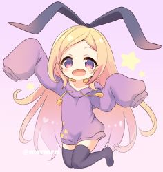 Rule 34 | 1girl, :d, arm up, bad id, bad pixiv id, black ribbon, black thighhighs, blonde hair, blush, collarbone, drawstring, forehead, full body, hair ribbon, hand up, hood, hood down, hoodie, long hair, long sleeves, looking at viewer, mashiro miru, monster strike, no shoes, open mouth, pandora (monster strike), parted bangs, purple background, purple hoodie, red eyes, ribbon, simple background, sleeves past fingers, sleeves past wrists, smile, solo, star (symbol), starry background, thighhighs, twitter username, very long hair