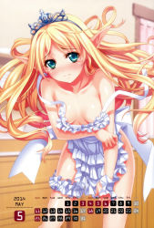 Rule 34 | 10s, 1girl, 2014, 3:, absurdres, apron, aqua eyes, bare shoulders, blonde hair, blush, breasts, calendar, cleavage, collarbone, covering privates, downblouse, elf, embarrassed, highres, kannatsuki noboru, leaning forward, long hair, maou to odore! code:arcana, may, naked apron, no bra, pointy ears, ryisu, scan, small breasts, solo, tears, tiara, wardrobe malfunction