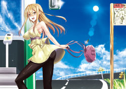 Rule 34 | !, 1girl, ass, bag, bare shoulders, black pantyhose, blackegg, blush, brown eyes, brown hair, bus, bus stop, cloud, day, dress, fashion, impossible clothes, lens flare, long hair, motor vehicle, open mouth, original, panties, panties under pantyhose, pantyhose, pantyshot, road, road sign, sign, sky, smile, solo, sun, sundress, underwear, vehicle