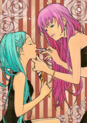 Rule 34 | applying makeup, bangle, blue hair, bracelet, cosmetics, earrings, closed eyes, floral background, hand on another&#039;s chin, hatsune miku, jewelry, lips, lipstick, lipstick tube, makeup, megurine luka, mirror, pink hair, sayococco, striped, striped background, traditional media, vocaloid