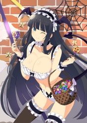 Rule 34 | 10s, 1girl, ;), alternate costume, bikini, black hair, blue eyes, bow, breasts, candy, choker, cleavage, enmaided, fake tail, fake wings, food, halloween, halloween bucket, halloween costume, ikaruga (senran kagura), large breasts, long hair, looking at viewer, maid, maid bikini, maid headdress, midriff, navel, official art, one eye closed, senran kagura, senran kagura new wave, smile, solo, standing, stomach, swimsuit, tail, thighhighs, unconventional maid, very long hair, wings, yaegashi nan