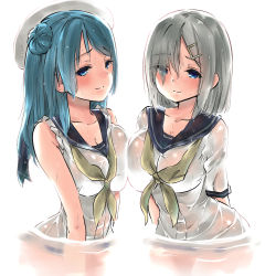 Rule 34 | 10s, 2girls, blue eyes, blue hair, breast press, breasts, cleavage, collarbone, commentary request, double bun, hair ornament, hair over one eye, hairclip, hamakaze (kancolle), hat, highres, kantai collection, large breasts, looking at viewer, multiple girls, neckerchief, partially submerged, sailor hat, sarfata, school uniform, see-through, serafuku, short hair, silver hair, sleeves rolled up, smile, symmetrical docking, urakaze (kancolle), wet, wet clothes, white background, yellow neckerchief