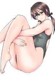 Rule 34 | 1girl, absurdres, black one-piece swimsuit, brown eyes, brown hair, competition swimsuit, feet out of frame, full body, gertrud barkhorn, highres, hugging own legs, long hair, looking at viewer, one-piece swimsuit, simple background, solo, strike witches, swimsuit, twintails, white background, world witches series, yuusha