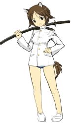 Rule 34 | 1girl, aged up, aki426, alternate hair length, alternate hairstyle, animal ears, cosplay, full body, hand on own hip, highres, miyafuji yoshika, sakamoto mio, sakamoto mio (cosplay), simple background, solo, standing, strike witches, sword, weapon, white background, world witches series