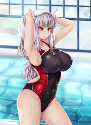 Rule 34 | 1girl, alternate costume, armpits, ass, breasts, competition swimsuit, covered navel, cowboy shot, cropped legs, curvy, demon girl, demon horns, helltaker, highres, horns, indoors, large breasts, long hair, lucifer (helltaker), navel, one-piece swimsuit, ponytail, pool, poolside, red eyes, reflection, rei no pool, sideboob, sidelocks, swimsuit, thighs, towel, wet, wet clothes, wet hair, wet swimsuit, white hair, white horns, window, zatma0041