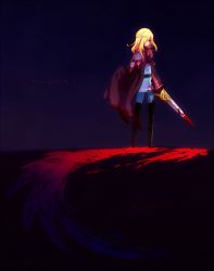 Rule 34 | 1boy, black background, blonde hair, blood, cape, dark, gloves, highres, male focus, red eyes, richard (tales), solo, sword, tales of (series), tales of graces, weapon, yama37