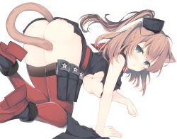 Rule 34 | 10s, 1girl, all fours, animal ears, ass, black shirt, blouse, blue eyes, breasts, brown hair, butt crack, cat ears, cat tail, funnel, hanging breasts, highres, kantai collection, kemonomimi mode, large breasts, long hair, looking at viewer, magazine (weapon), miko (royal milk), neckerchief, no panties, red neckerchief, red thighhighs, roundel, rudder footwear, saratoga (kancolle), saratoga mk ii (kancolle), shirt, side ponytail, simple background, smokestack, solo, tail, tail censor, thighhighs, torn clothes, underboob, white background