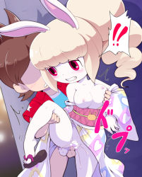 Rule 34 | 10s, 1boy, 1girl, amano keita, animal ears, brown hair, rabbit, rabbit ears, clothed sex, cum, hetero, high ponytail, japanese clothes, kimono, leg up, long hair, midriff, monster, monster girl, nipples, nollety, open mouth, penis, pink eyes, pussy, sex, snowrabby, traditional youkai, youkai watch, youkai watch 3