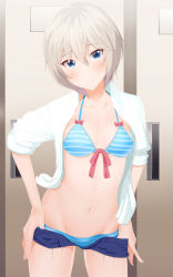 Rule 34 | 10s, 1girl, absurdres, anastasia (idolmaster), bikini, blue bikini, blue eyes, blush, breasts, commentary request, denim, denim shorts, front-tie top, highres, idolmaster, idolmaster cinderella girls, looking at viewer, navel, open clothes, open shirt, shirt, short hair, shorts, silver hair, small breasts, solo, stomach, striped bikini, striped clothes, swimsuit, taka (takahirokun), undressing