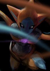 Rule 34 | autumn (o-tamutamu), black background, blurry, blurry foreground, creature, creatures (company), deoxys, deoxys (attack), game freak, gen 3 pokemon, glowing, highres, looking at viewer, mythical pokemon, nintendo, no humans, pokemon, pokemon (creature), red eyes, simple background, solo