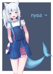 Rule 34 | 1girl, absurdres, animal ears, bag, blue eyes, cat ears, dress, fang, fins, fish tail, gawr gura, gawr gura (casual), highres, hololive, hololive english, langspower, looking at viewer, multicolored hair, overall skirt, ponytail, shark tail, solo, standing, streaked hair, tail, virtual youtuber, white hair