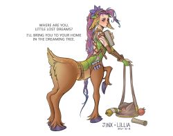 Rule 34 | 1girl, animal ears, apple, bag, bare shoulders, brown bag, character name, dated, diter-trsey, english text, fingerless gloves, flower, food, from side, fruit, full body, fusion, gloves, green gloves, hair flower, hair ornament, highres, holding, holding bag, jinx (league of legends), knee up, league of legends, lillia (league of legends), long hair, looking at viewer, nail polish, pink hair, pink nails, smile, solo, taur
