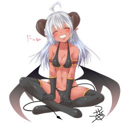 Rule 34 | 1girl, :d, ^ ^, ahoge, armlet, bare shoulders, bat wings, bikini, black bikini, black footwear, black gloves, black thighhighs, blush, boots, breasts, breasts squeezed together, cameltoe, cleavage, closed eyes, collarbone, dark-skinned female, dark skin, demon girl, demon horns, demon tail, elbow gloves, eyebrows, facing viewer, full body, gloves, grin, hands on legs, heart, horns, indian style, long hair, looking at viewer, low wings, medium breasts, navel, open mouth, original, pointy ears, riel (yua), shiny skin, signature, silver hair, sitting, smile, solo, spread legs, stomach, swimsuit, tail, teeth, thigh boots, thighhighs, translation request, wings, yua (checkmate)