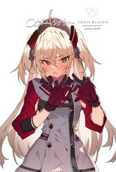 Rule 34 | 1girl, admiral hipper (azur lane), ahoge, azur lane, blonde hair, blush, buttons, commentary request, commission, double-breasted, gloves, green eyes, hair between eyes, headgear, heart, heart hands, long hair, looking at viewer, open mouth, skeb commission, solo, soukou makura, sweatdrop, two side up, white background